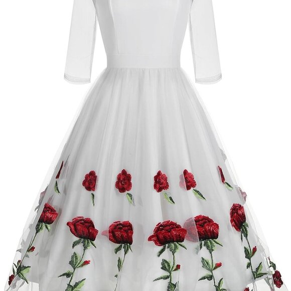 Dresses & Skirts - Mesh 3/4 Sleeve Rose Embroidery Dress for Women Floral Prom Homecoming